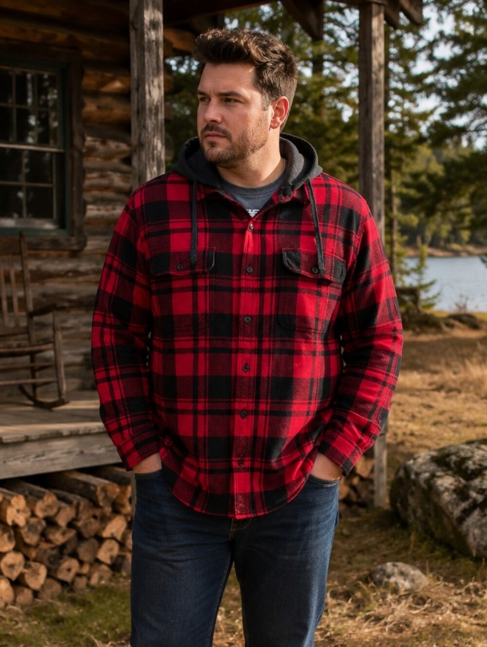 American Eagle Hooded Plaid Flannel Button Down Grunge Lumberjack Men's XL